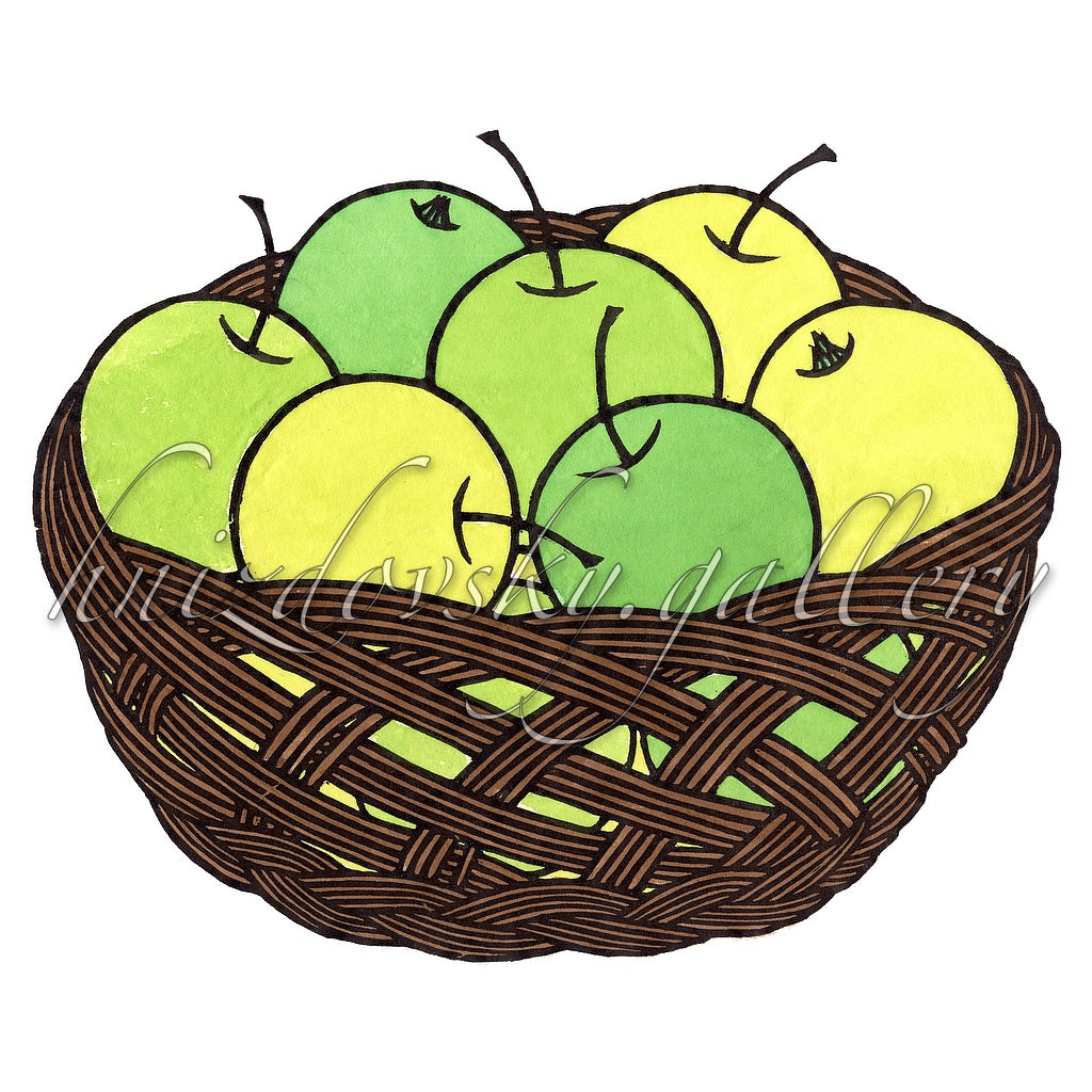 #112 Apples in a Basket, hand colored woodcut, (printed directly from the woodblock by Jacques Hnizdovsky), 1971, 8" x 9.875" (image size)